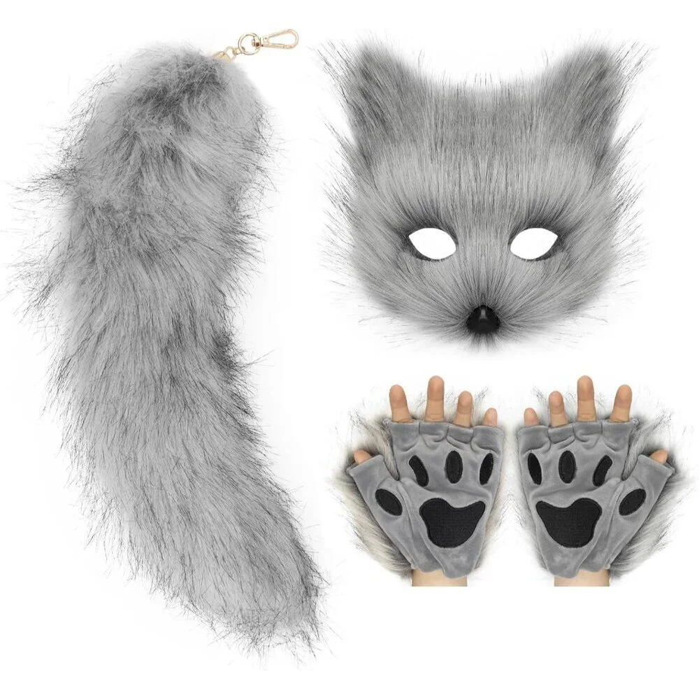 Furry Cat Fox Mask Tail Paws Gloves Set Costume Accessories for Halloween
